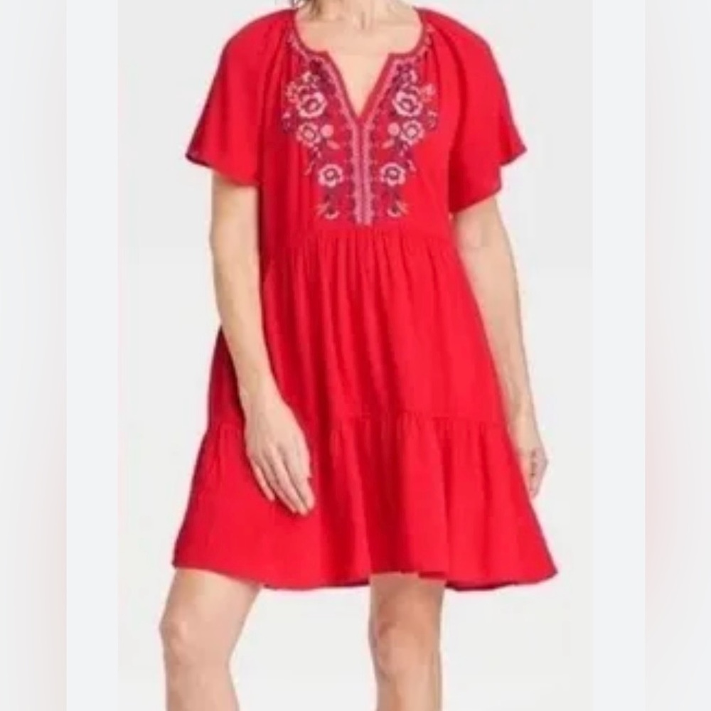 Knox Rose embroidery red dress with pockets size L